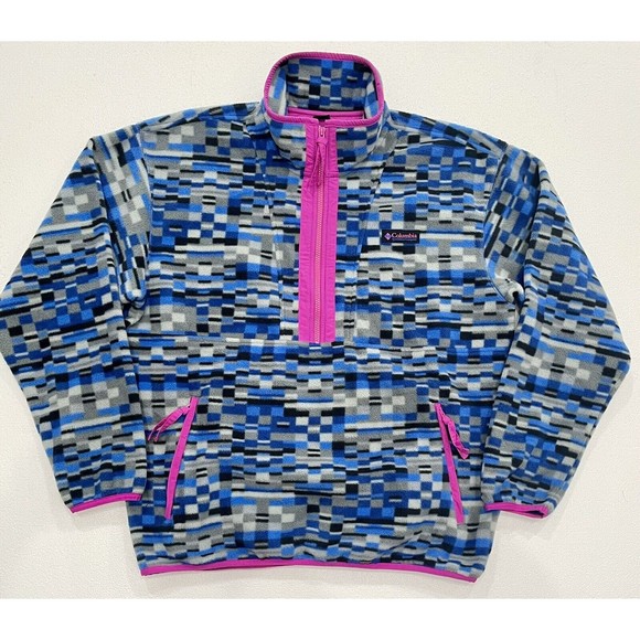 Columbia Womens 1/2 Zip Pullover Medium Fleece Handwarmer Pocket Blue Pink Vtg - Picture 1 of 5